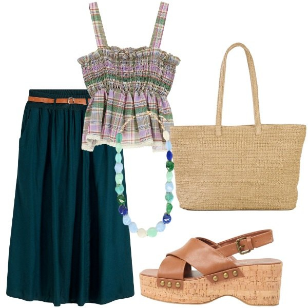 Outfit donna - E siamo in Agosto....... Stile Casual chic per Tutti i giorni. Abbinamento con shopping bag, gonne lunghe, zeppe, top, collane.