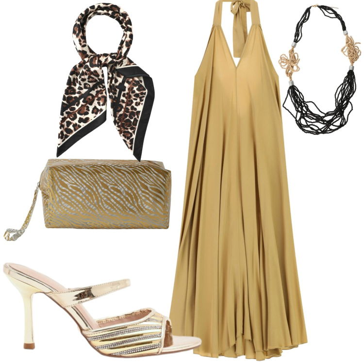 Outfit donna - Di sera. Stile Chic per Serata fuori. Abbinamento con collane, vestiti lunghi, valigie, foulard, sabot.