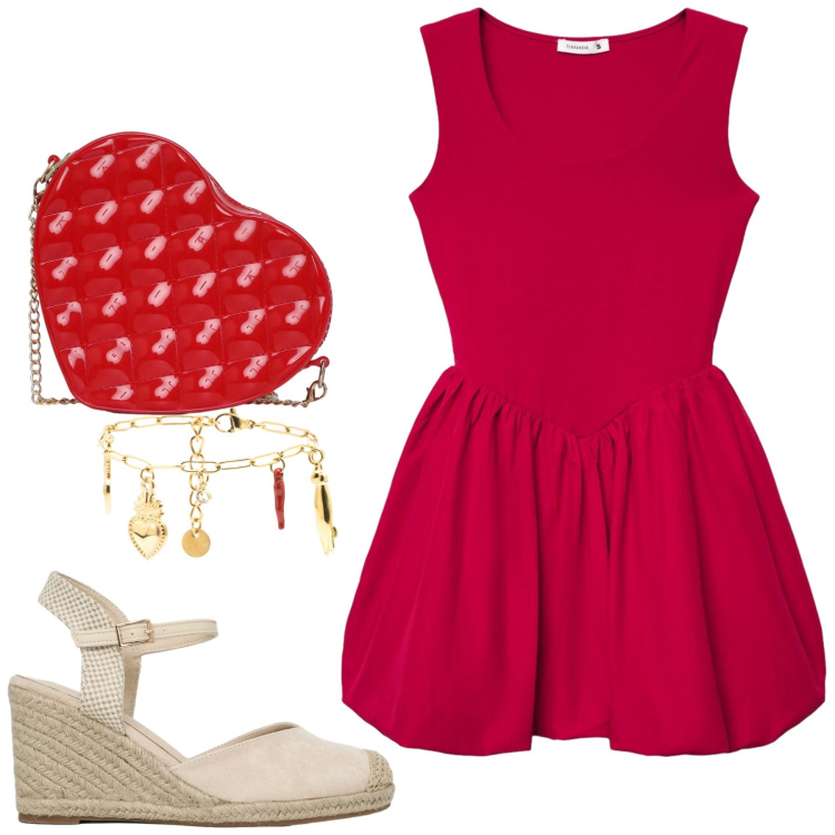 Outfit donna - Frou frou. Stile Romantica per Tutti i giorni. Abbinamento con vestiti corti, borse a tracolla, zeppe, braccialetti.
