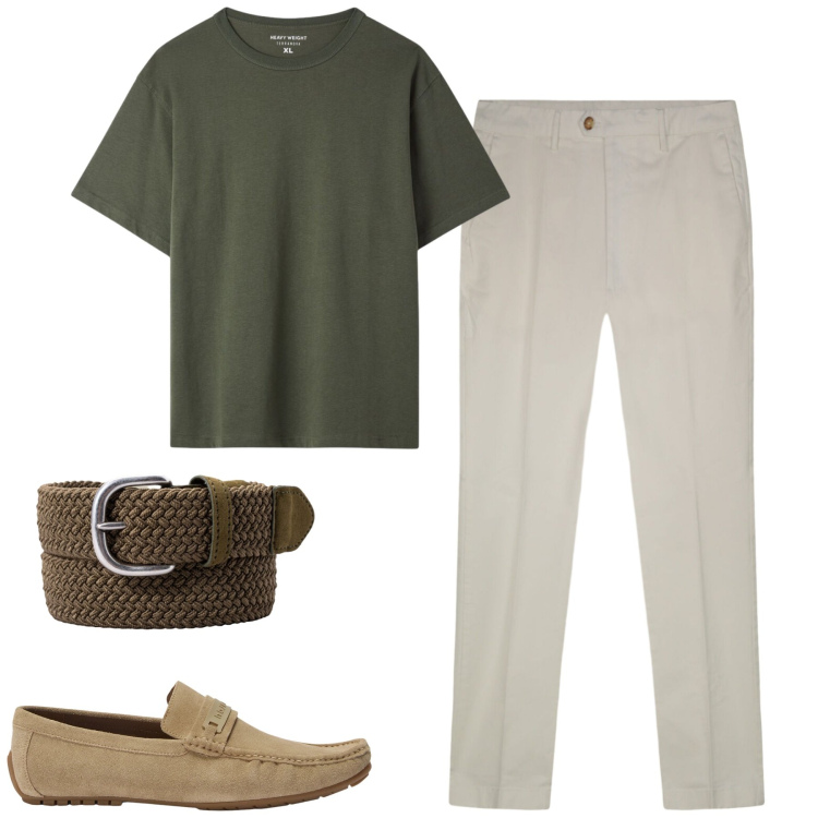 Outfit uomo - Cream and green. Stile Urban per Tutti i giorni. Abbinamento con scarpe stringate, t-shirt, pantaloni, cinture.