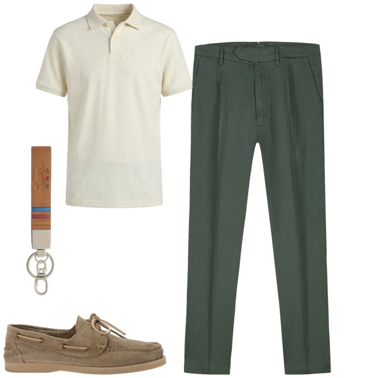 Outfit uomo - City. Stile Urban per Tutti i giorni. Abbinamento con polo, portachiavi, scarpe stringate, pantaloni.