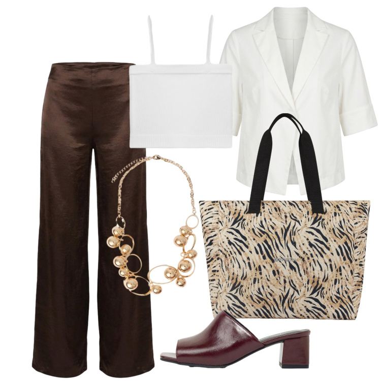 Outfit donna - Agosto. Stile Casual chic per Tutti i giorni. Abbinamento con ciabatte, top, shopping bag, collane, pantaloni a palazzo, blazer.