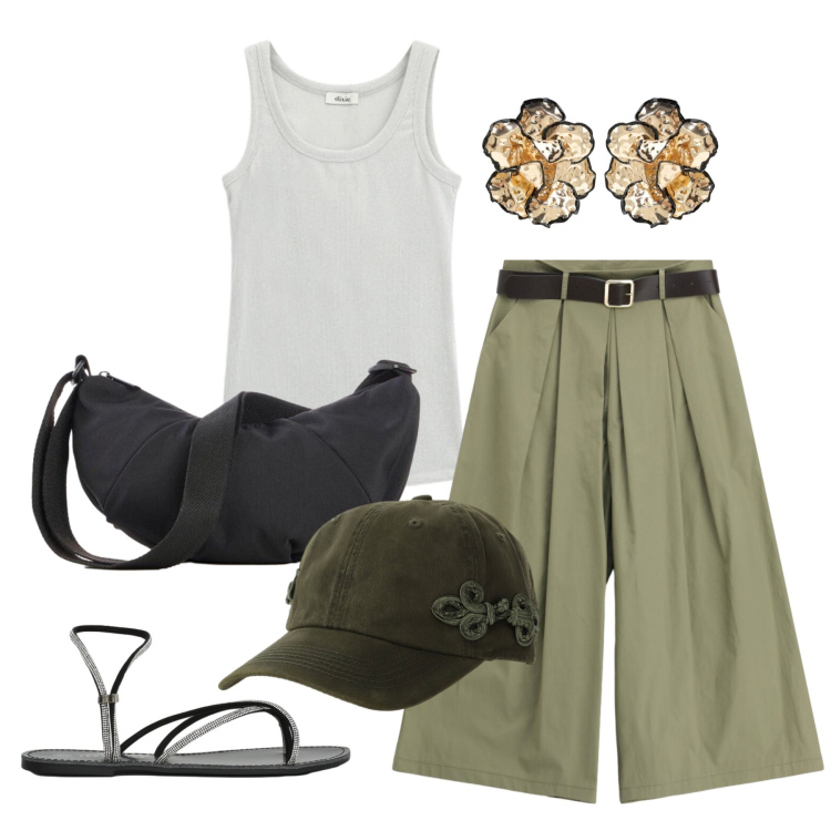 Outfit donna - Agosto. Stile Trendy per Tutti i giorni. Abbinamento con marsupi, sandali, cappelli, top, pantaloni a palazzo, orecchini.