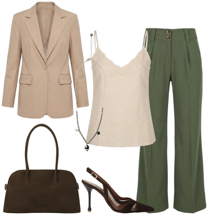 Outfit donna - Total look #2452198. Stile Casual chic per Tutti i giorni. Abbinamento con pantaloni, blazer, ciondoli, borse a spalla, décolleté, top.