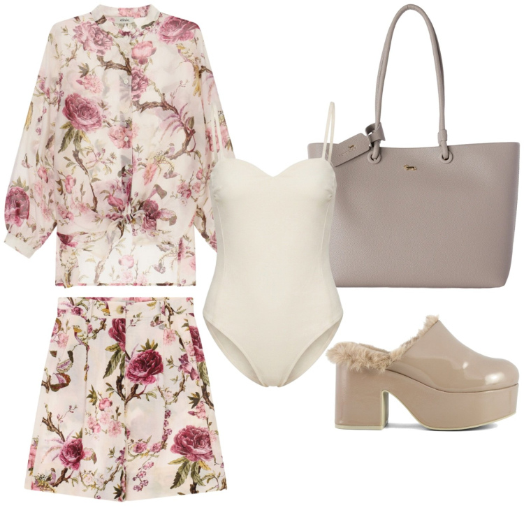 Outfit donna - Accessori neutri. Stile Casual per Tutti i giorni. Abbinamento con shopping bag, camicie, bermuda, body, sabot.
