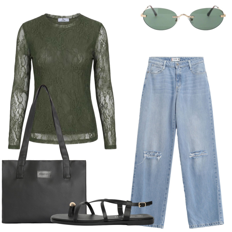 Outfit donna - Total look #2452201. Stile Casual chic per Tutti i giorni. Abbinamento con occhiali da sole, sandali, top, jeans strappati, shopping bag.