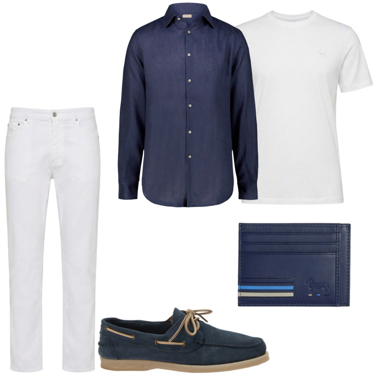 Outfit uomo - Cena in vacanza. Stile Casual per Serata speciale. Abbinamento con t-shirt, pantaloni, scarpe stringate, portafogli, camicie.