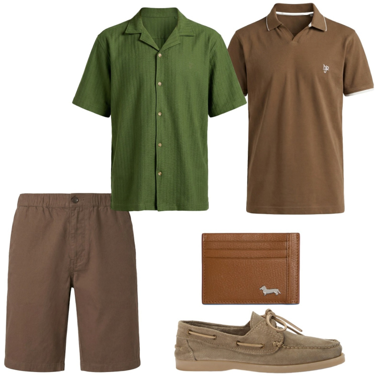Outfit uomo - Toni della terra. Stile Trendy per Tutti i giorni. Abbinamento con camicie a manica corta, polo, bermuda, portafogli, scarpe stringate.