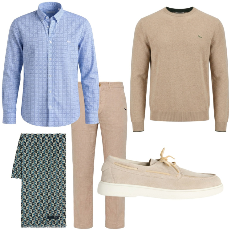 Outfit uomo - Cena in vacanza. Stile Casual per Serata speciale. Abbinamento con scarpe stringate, sciarpe, pantaloni chino, camicie, maglieria.