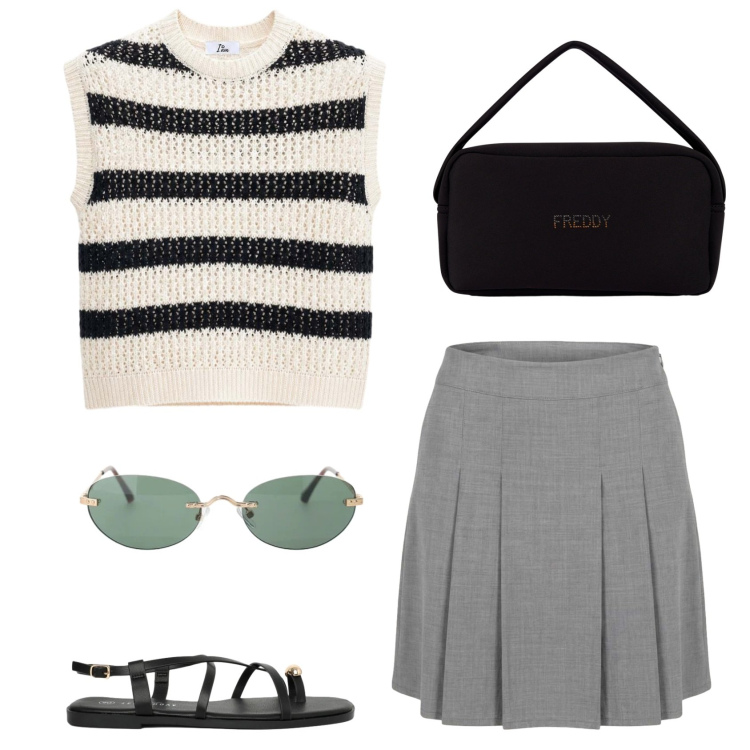 Outfit donna - Con le amiche. Stile Preppy per Serata fuori. Abbinamento con occhiali da sole, sandali, canottiere, minigonne, borse a mano.