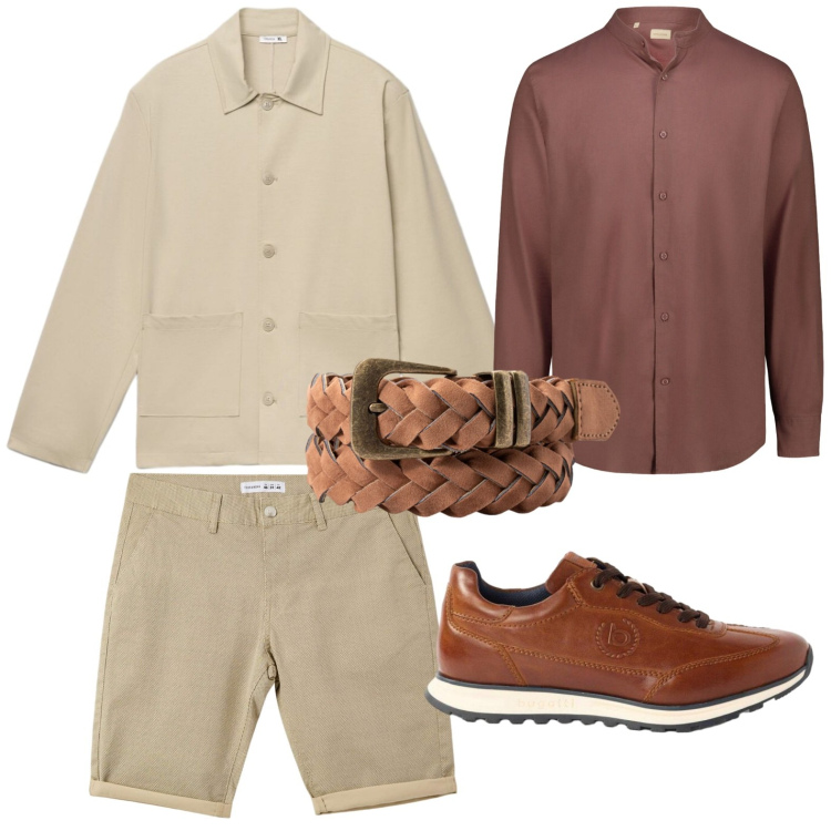 Outfit uomo - Toni della terra. Stile Casual per Tutti i giorni. Abbinamento con sneakers, pantaloni corti, cappotti, cinture, camicie.
