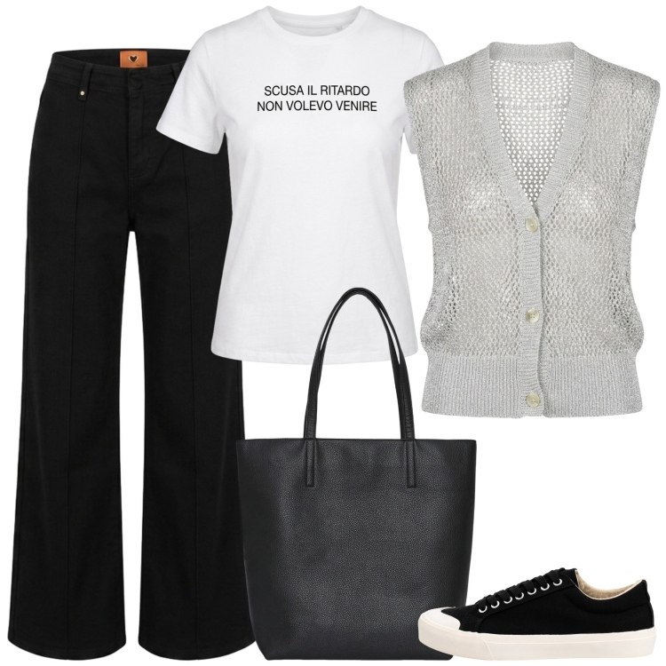 Outfit donna - Esplicita. Stile Mannish per Tutti i giorni. Abbinamento con sneakers, borse tote, pantaloni, t-shirt, maglieria.