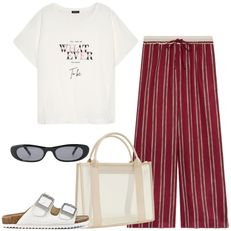 Outfit donna - I pantaloni pigiama. Stile Casual per Ufficio. Abbinamento con occhiali da sole, borse tote, pantaloni, t-shirt, sandali.