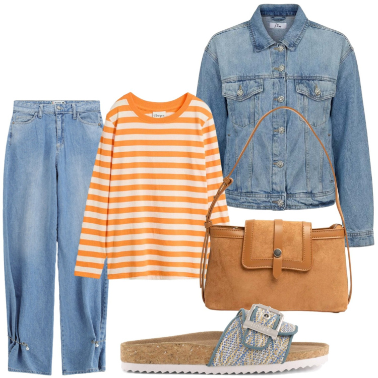 Outfit donna - Righe spensierate. Stile Basic per Tutti i giorni. Abbinamento con t-shirt, cappotti, jeans, borse a tracolla, sandali.