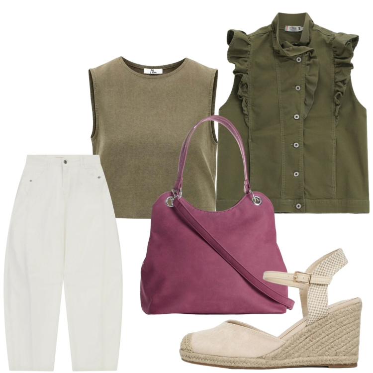Outfit donna - Espadrillas senza tempo. Stile Basic per Tutti i giorni. Abbinamento con borse a mano, zeppe, top, gilet, pantaloni.