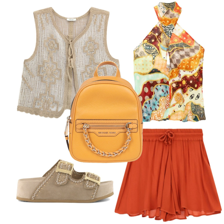 Outfit donna - Capi vivaci. Stile Casual per Tutti i giorni. Abbinamento con zaini, gilet, minigonne, top, zeppe.