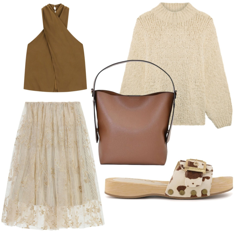 Outfit donna - Toni neutti. Stile Glamour per Tutti i giorni. Abbinamento con gonne longuette, top, pullovers, borse a mano, ciabatte.