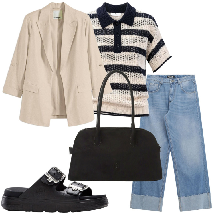 Outfit donna - Polo rigata. Stile Basic per Tutti i giorni. Abbinamento con blazer, ciabatte, borse a spalla, jeans, polo.