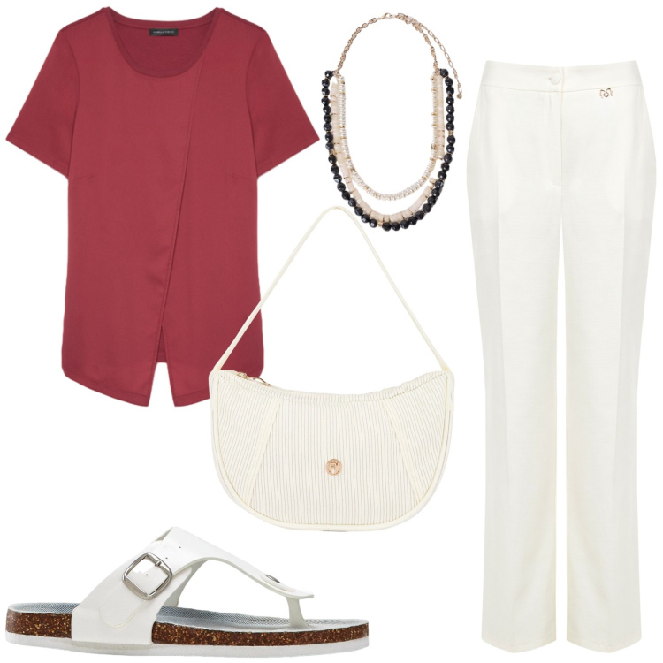 Outfit donna - Urban. Stile Minimal per Tutti i giorni. Abbinamento con infradito, pantaloni a palazzo, borse a mano, t-shirt, collane.