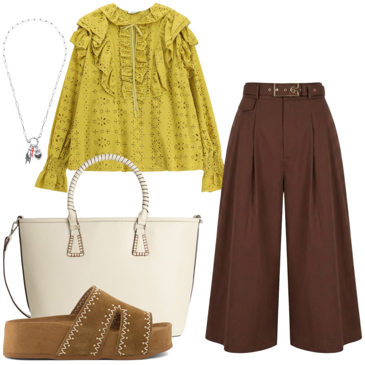 Outfit donna - Total look #2452247. Stile Casual chic per Tutti i giorni. Abbinamento con shopping bag, bluse, pantaloni capri, ciondoli, zeppe.