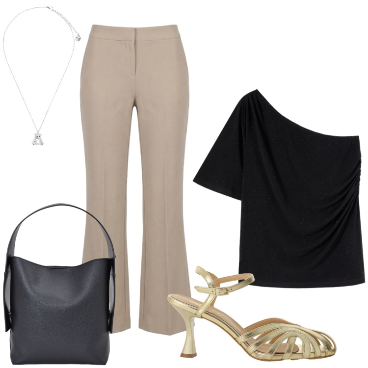Outfit donna - Total look #2452249. Stile Casual chic per Serata fuori. Abbinamento con pantaloni, sandali col tacco, t-shirt, borse a spalla, ciondoli.