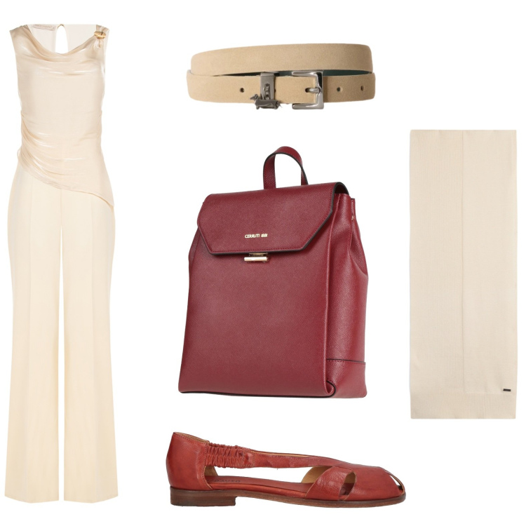 Outfit donna - Burgundy e crema. Stile Casual per Tutti i giorni. Abbinamento con zaini, ballerine, cinture, tute, sciarpe.