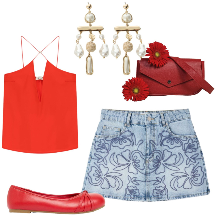 Outfit donna - Total look #2452253. Stile Casual chic per Tutti i giorni. Abbinamento con ballerine, minigonne, borse a tracolla, orecchini, top.