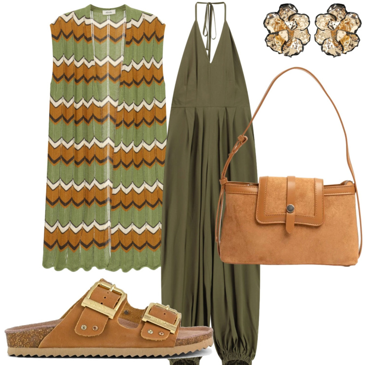 Outfit donna - Agosto. Stile Casual chic per Tutti i giorni. Abbinamento con gilet, tute, orecchini, borse a tracolla, sandali.