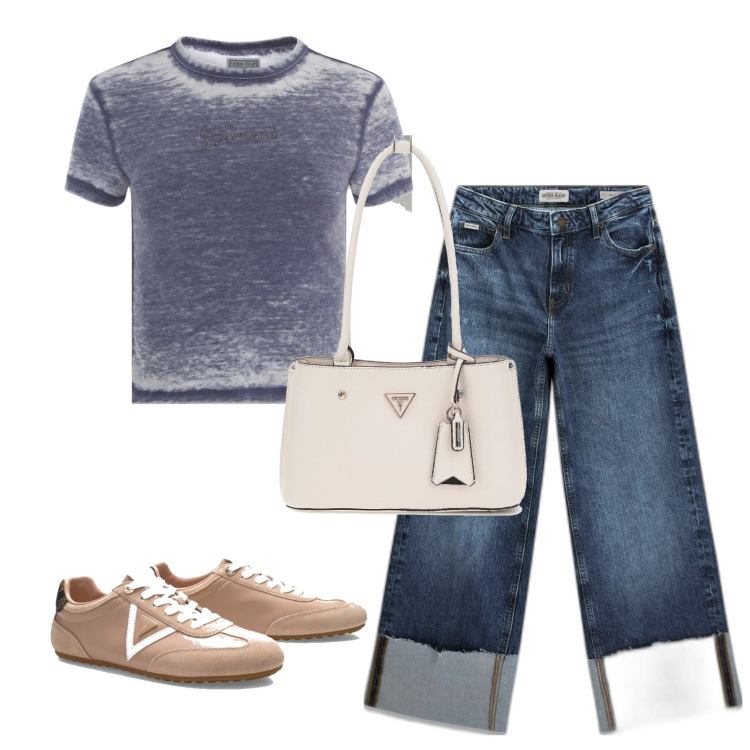 Outfit mujer - Casual look. Estilo Casual para Todos los días. Combinación con vaqueros, camiseta, sneakers, bolsos de hombro.