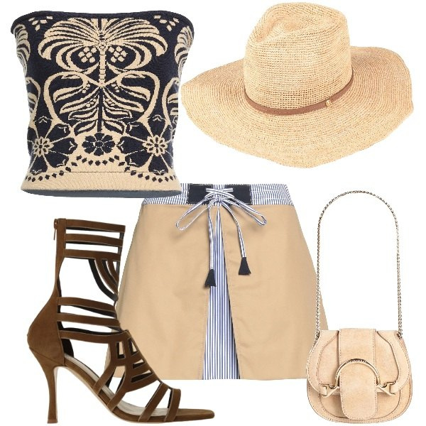 Outfit donna - stravagante. Stile Glamour per Tutti i giorni. Abbinamento con minigonne, marsupi, cappelli, top, sandali col tacco.