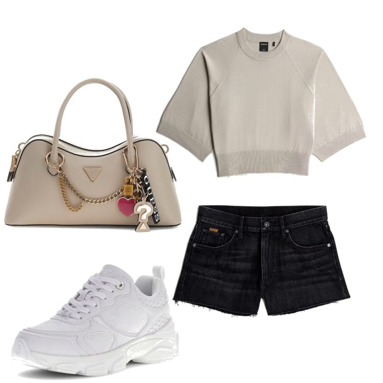 Outfit mujer - Casual look. Estilo Casual para Todos los días. Combinación con sneakers, shorts, top, bolsos de mano.