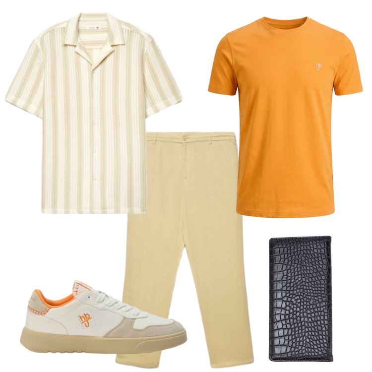 Outfit uomo - Cena al fresco. Stile Casual per Tutti i giorni. Abbinamento con sneakers, t-shirt, pantaloni, camicie a manica corta, portafogli.