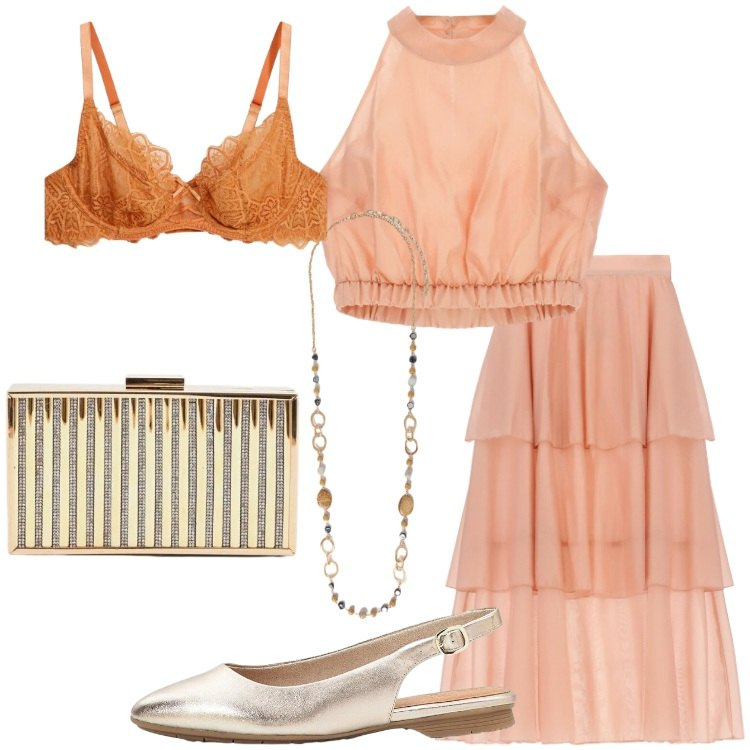 Outfit donna - Aperitivo vista mare - @francine. Stile Romantica per Serata fuori. Abbinamento con reggiseni, ballerine, gonne lunghe, top, clutch, collane.