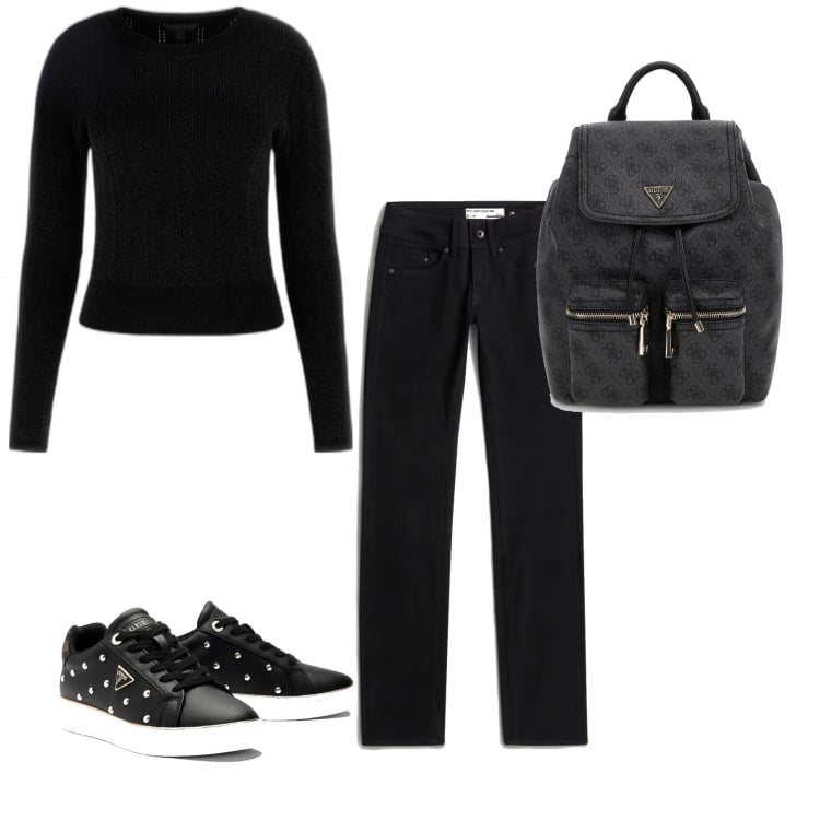 Outfit mujer - Basic look. Estilo Basic para Todos los días. Combinación con sneakers, mochilas, vaqueros rectos, prendas de punto.