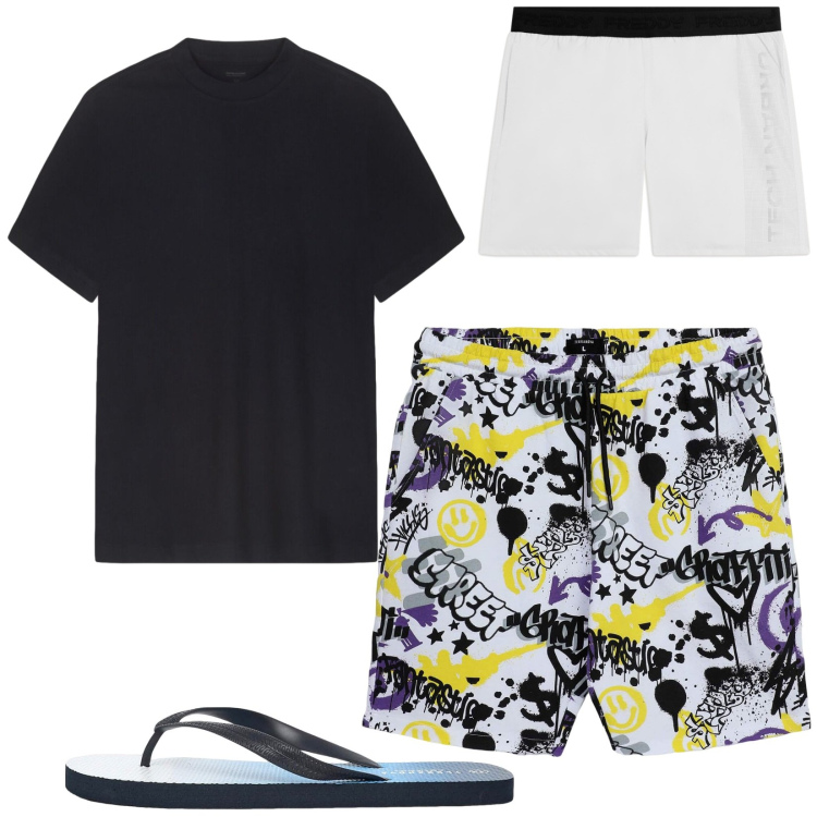 Outfit uomo - Total look #2452267. Stile Trendy per Mare. Abbinamento con pantaloni corti, sandali, t-shirt, costumi.