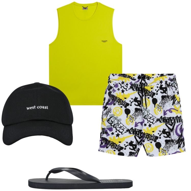 Outfit uomo - Total look #2452269. Stile Trendy per Mare. Abbinamento con pantaloni corti, sandali, cappelli con visiera, canottiere.