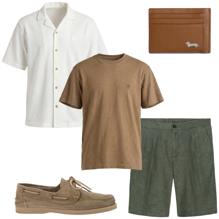 Outfit uomo - Oasi nel deserto. Stile Trendy per Tutti i giorni. Abbinamento con camicie a manica corta, t-shirt, portafogli, scarpe stringate, bermuda.