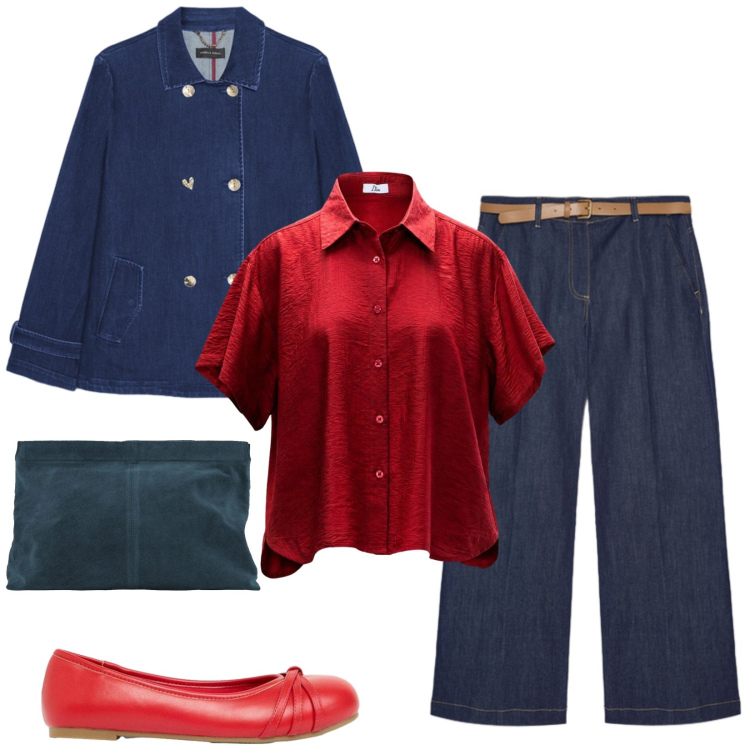 Outfit donna - Total look #2452271. Stile Casual chic per Ufficio. Abbinamento con ballerine, camicie a manica corta, pochette, jeans, trench.