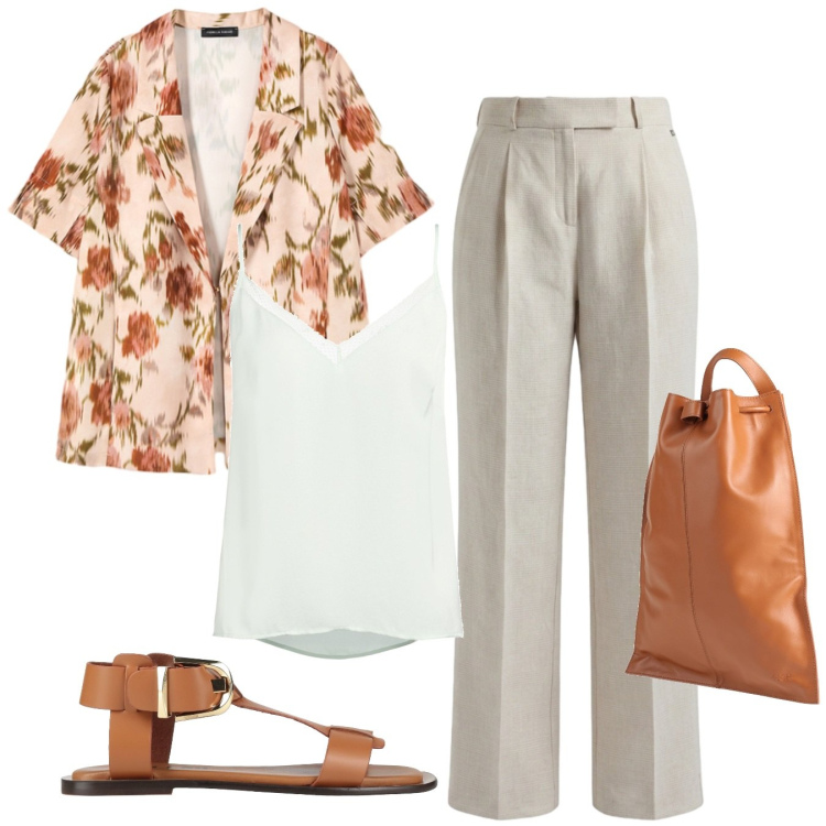 Outfit donna - Giacca estate. Stile Bon Ton per Tutti i giorni. Abbinamento con zaini, sandali alla schiava, top, pantaloni, blazer.