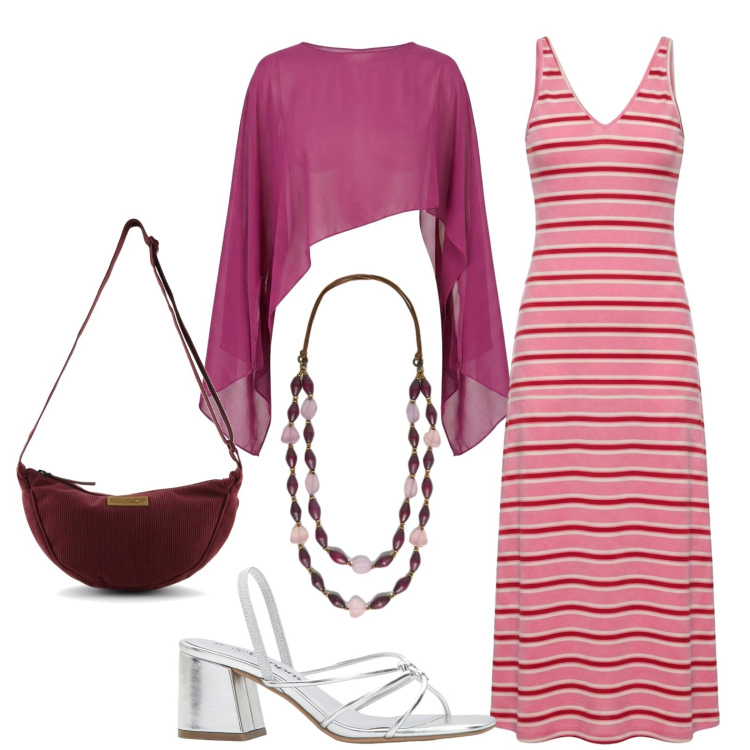Outfit donna - Serata. Stile Chic per Serata fuori. Abbinamento con sandali col tacco, vestiti lunghi, collane, top, borse a tracolla.