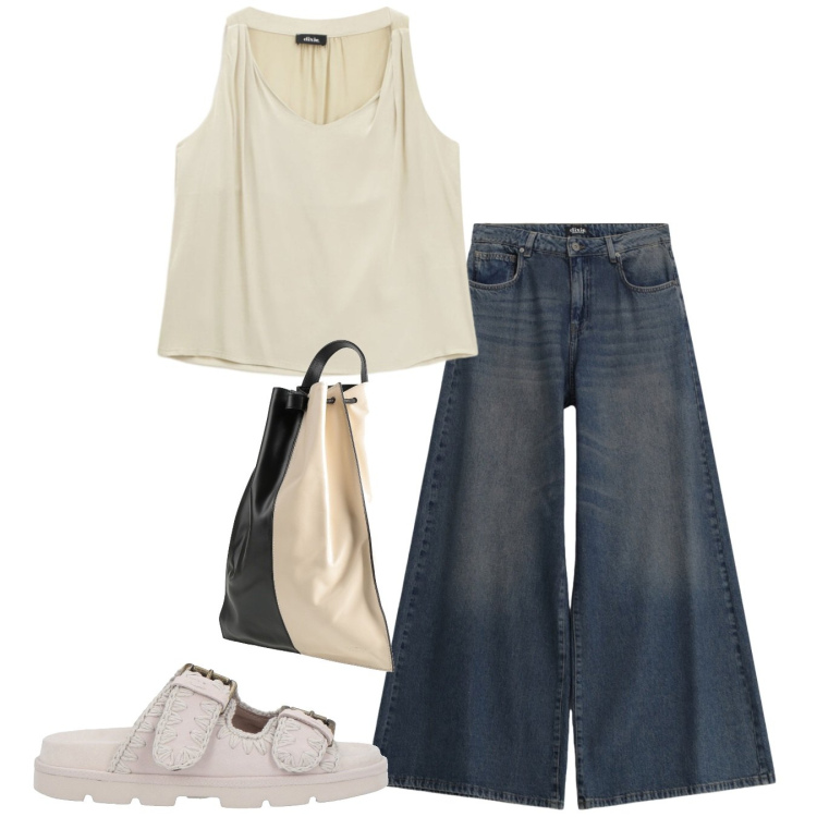 Outfit donna - Linee ampie. Stile Casual chic per Tutti i giorni. Abbinamento con zaini, sandali in pelle, jeans, top.