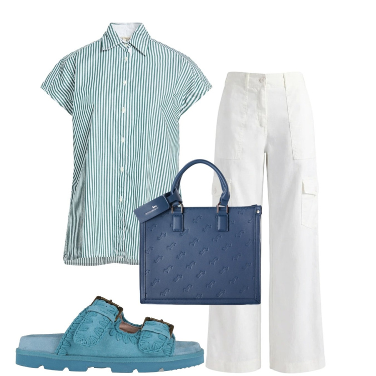 Outfit donna - Luminosa. Stile Bon Ton per Tutti i giorni. Abbinamento con sandali in pelle, camicie a manica corta, pantaloni cargo, borse a mano.
