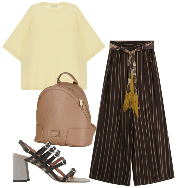 Outfit donna - Gessato ufficio. Stile Bon Ton per Ufficio. Abbinamento con zaini, sandali in pelle, t-shirt, pantaloni a palazzo.
