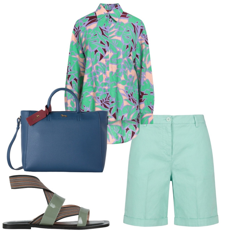 Outfit donna - Colori freschi. Stile Bon Ton per Tutti i giorni. Abbinamento con camicie, sandali in pelle, bermuda, borse a mano.