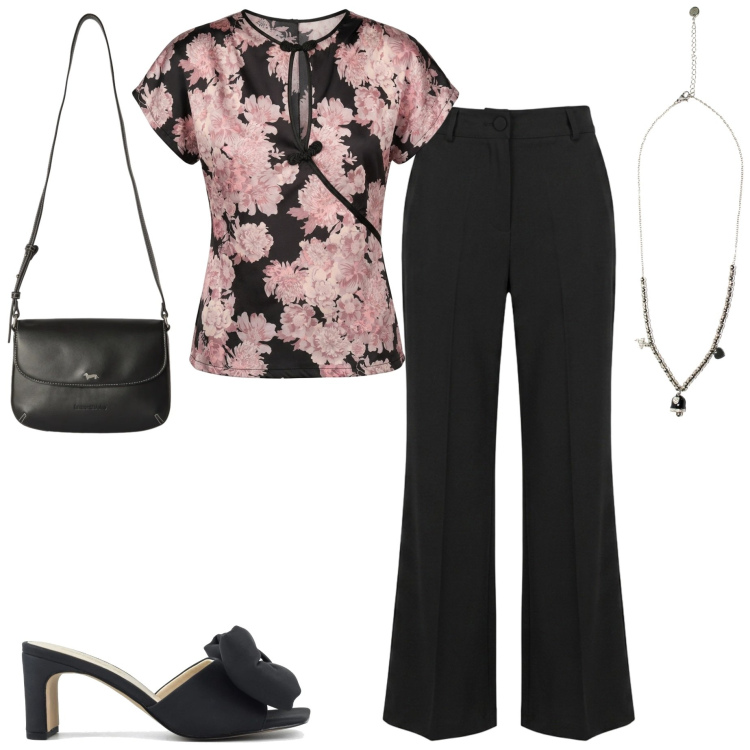 Outfit donna - Serata con amici. Stile Casual chic per Serata fuori. Abbinamento con borse a tracolla, ciondoli, top, pantaloni, sandali col tacco.