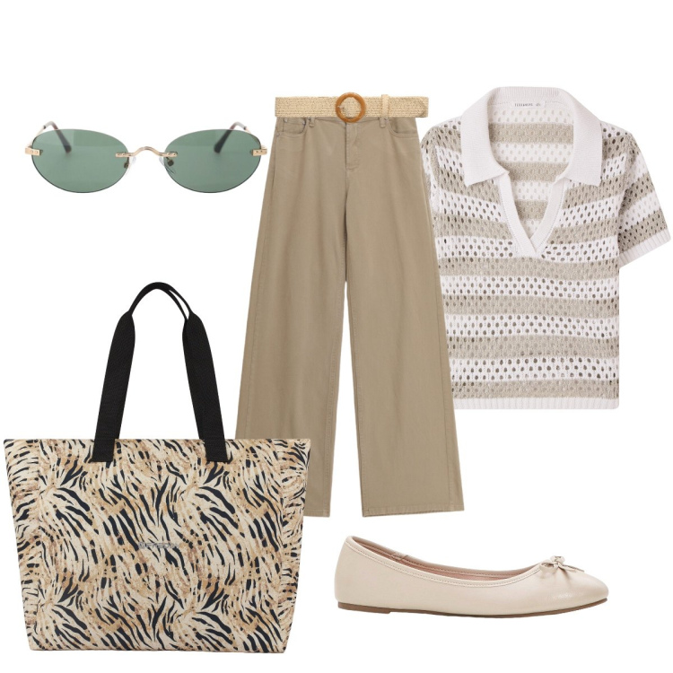 Outfit donna - In città. Stile Minimal per Tutti i giorni. Abbinamento con ballerine, t-shirt, cinture, pantaloni, occhiali da sole, shopping bag.