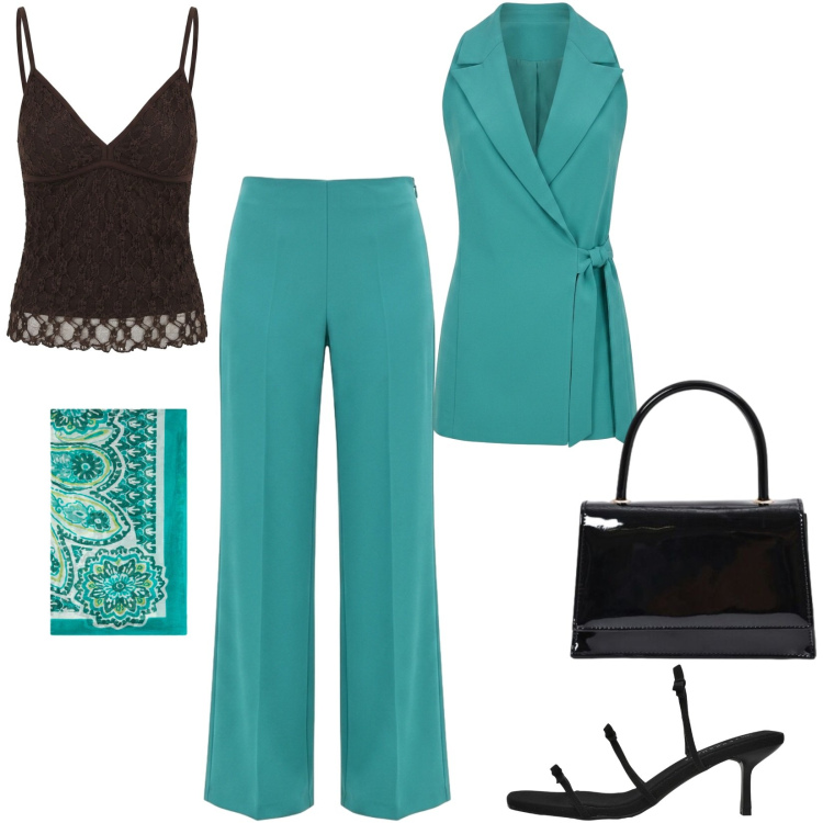 Outfit donna - Cerimonia con tacco basso. Stile Chic per Cerimonia. Abbinamento con sandali col tacco, foulard, pantaloni a palazzo, gilet, canottiere, borse a mano.
