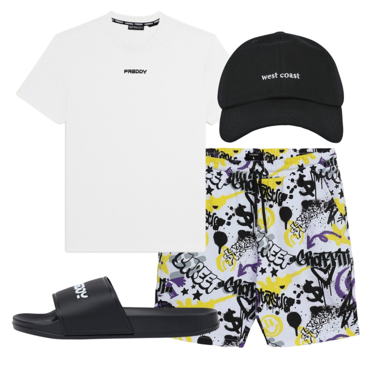 Outfit uomo - Total look #2452326. Stile Casual per Tutti i giorni. Abbinamento con pantaloni corti, cappelli con visiera, t-shirt, sandali.