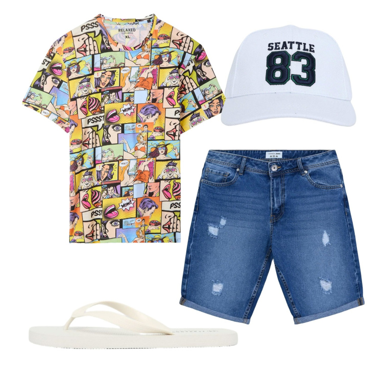 Outfit uomo - Total look #2452328. Stile Casual per Tutti i giorni. Abbinamento con cappelli con visiera, bermuda, t-shirt, sandali.