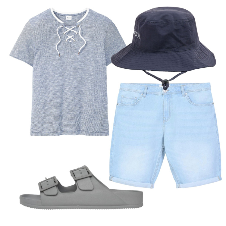 Outfit uomo - Total look #2452329. Stile Casual per Mare. Abbinamento con t-shirt, bermuda, sandali, cappelli.